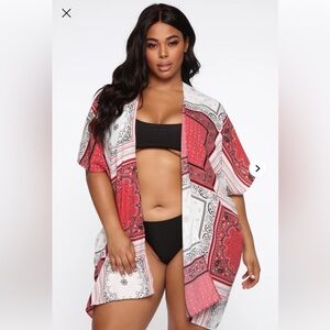 Fashionnova Red/White/Black Paisley Print Kimono Swimsuit Cover